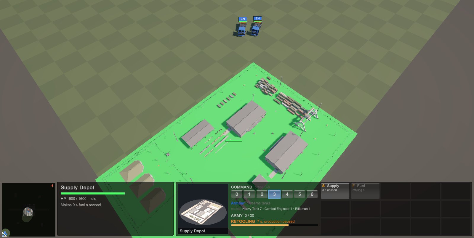 A supply depot compound selected, its command card offering supply or fuel