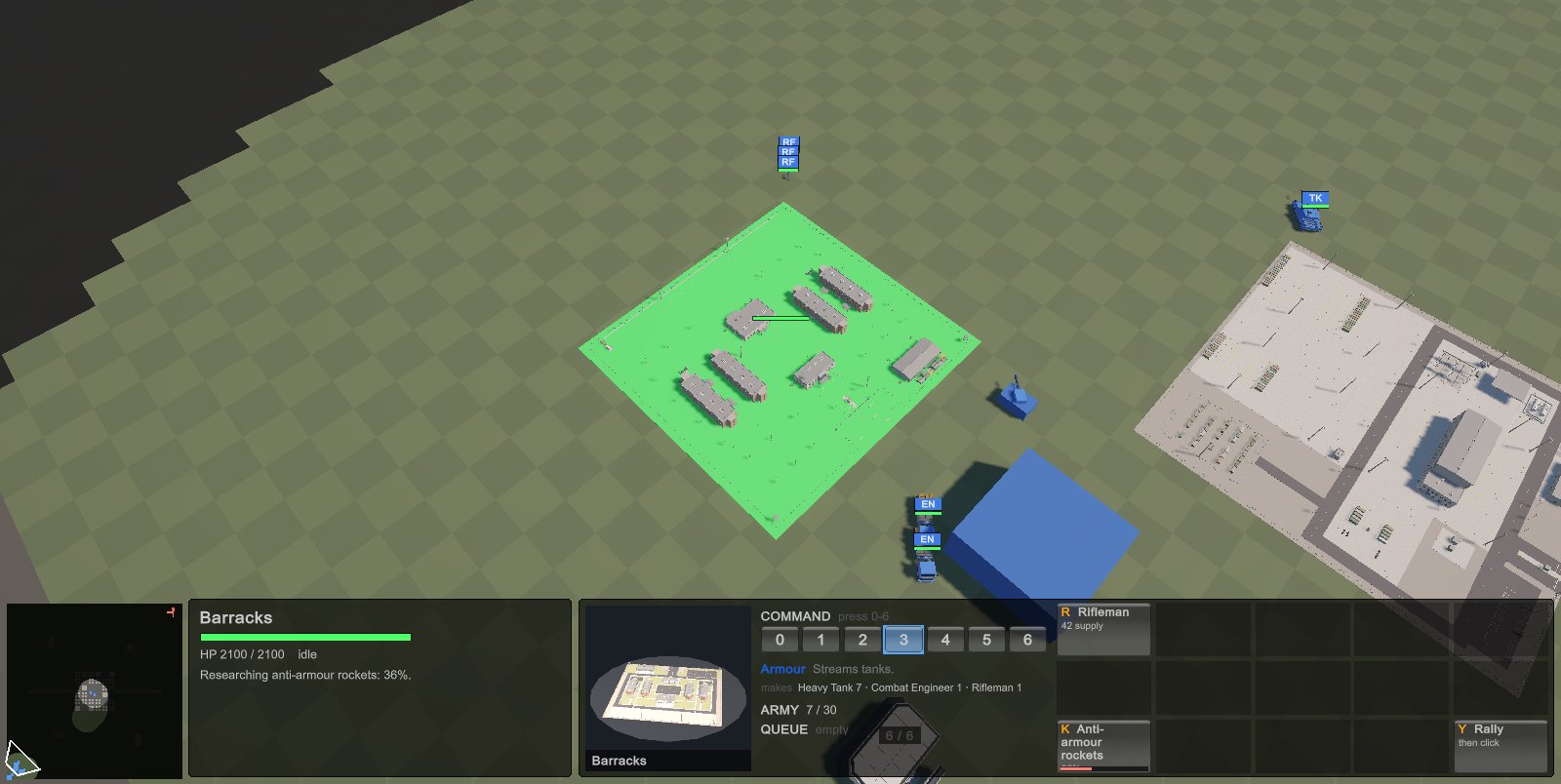 A human base: the barracks selected and researching anti-armour rockets, the motor pool, the HQ and supply trucks