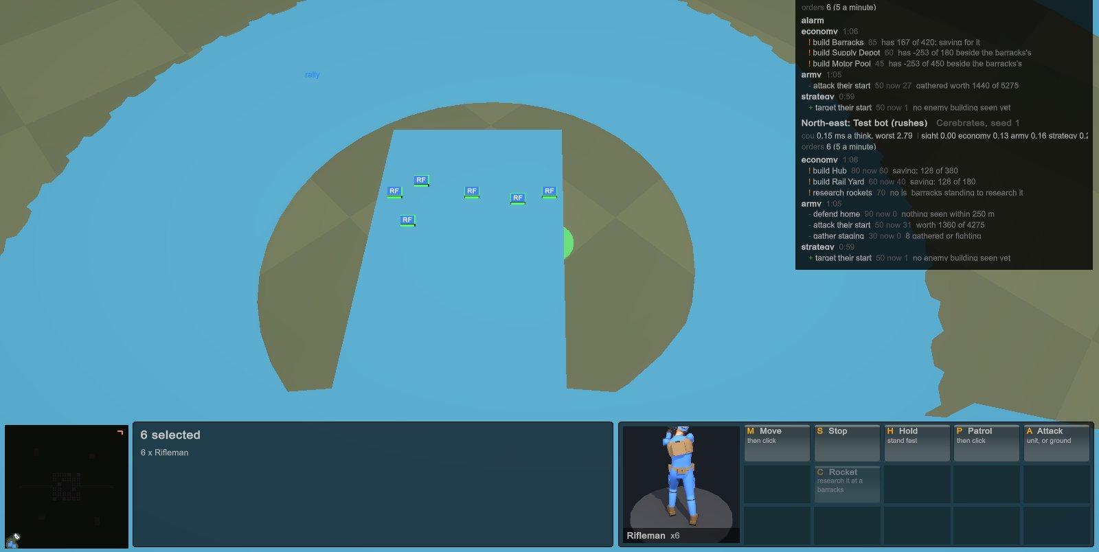 Six riflemen jogging across open ground, selected, each with a small blue marker over him, the command card showing the rocket button