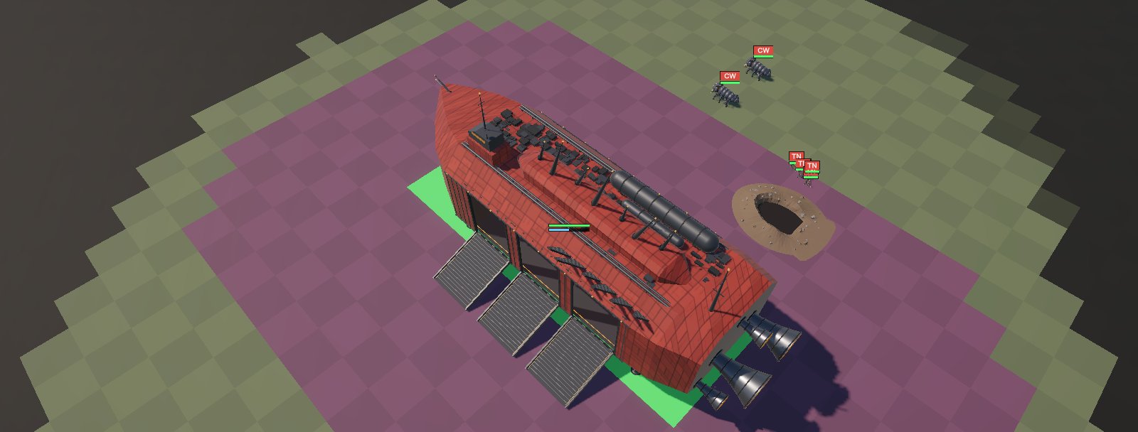 A Bets spawner ship landed on six legs, its side ramps down, on violet biome ground, with space cows nearby