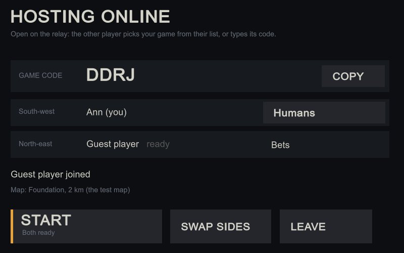 The lobby of a game hosted online: the four-letter game code at the top with a Copy button, the host in the south-west as the Humans, a guest in the north-east as the Bets marked ready, and Start lit