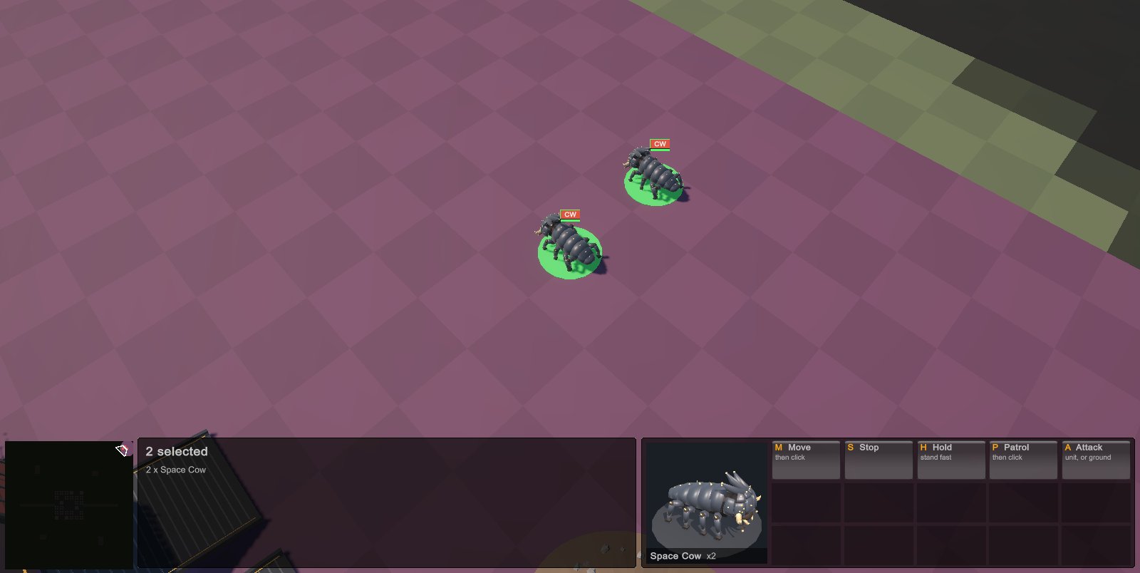 Two space cows, armoured creatures the size of tanks, selected on the violet biome